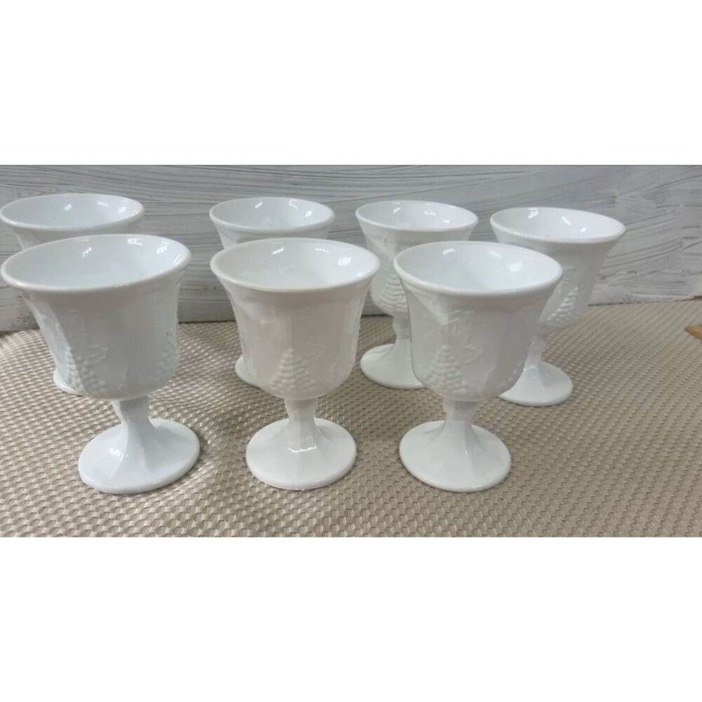 7 Vintage Milk Glasses Wine Water Harvest Grape Colony Cottage Core